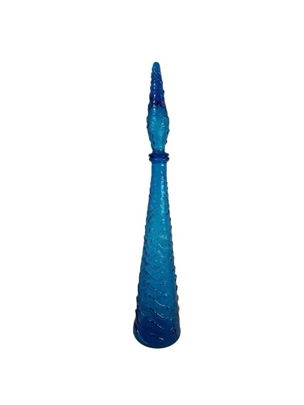 Vintage Italian Empoli  Ocean Blue Glass Waves Genie Bottle & Stopper 22"